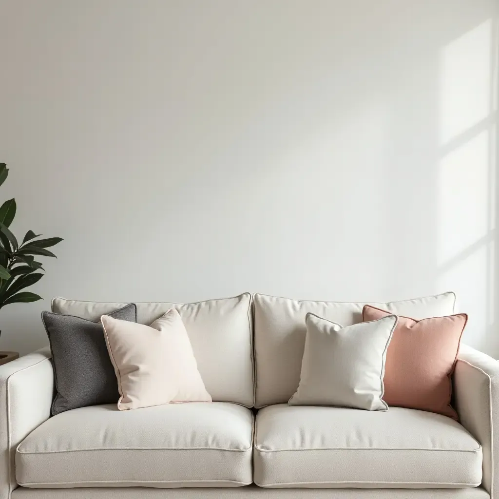 a photo of a serene living room with pastel throw pillows on a calming sofa