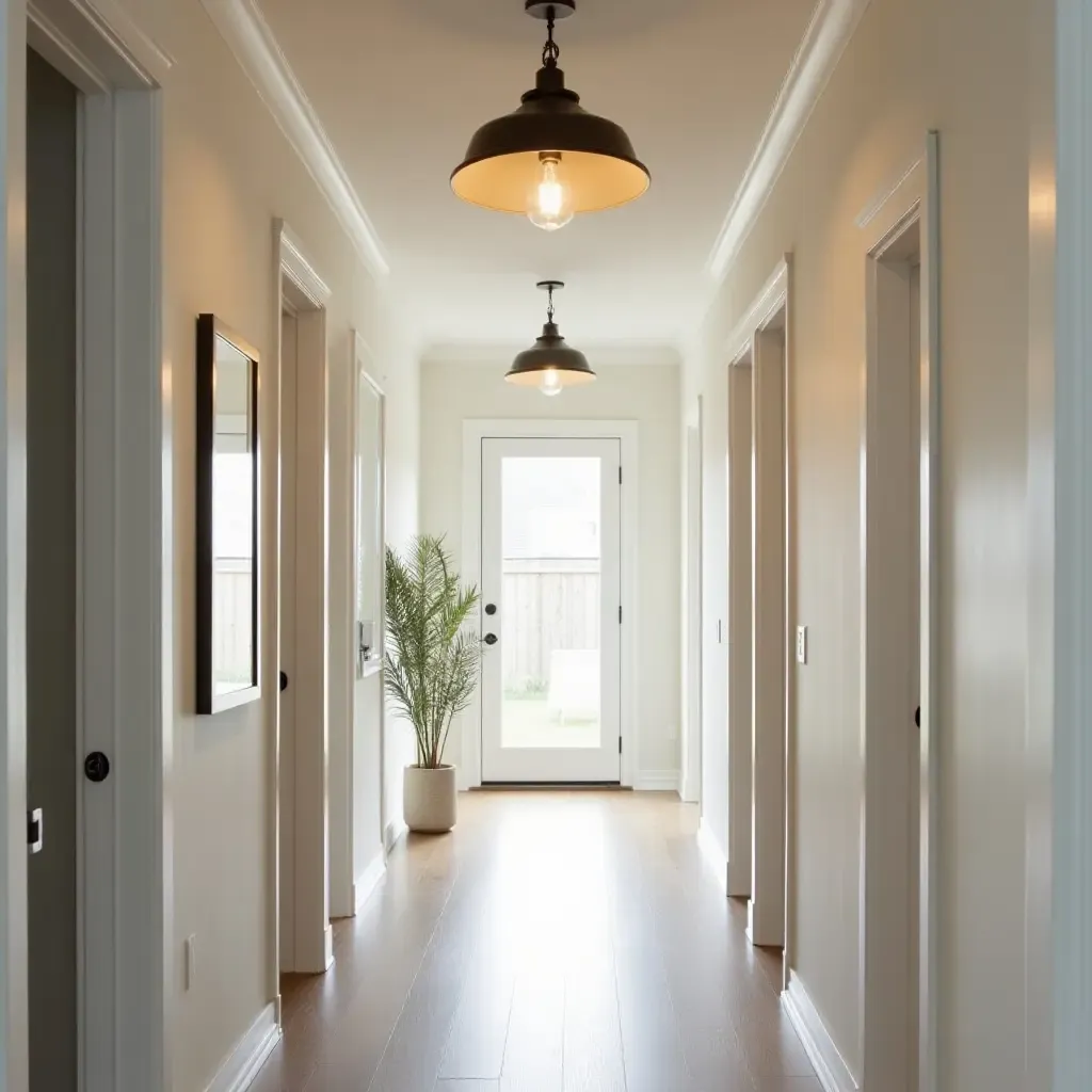 a photo of a welcoming hallway with farmhouse-style light fixtures