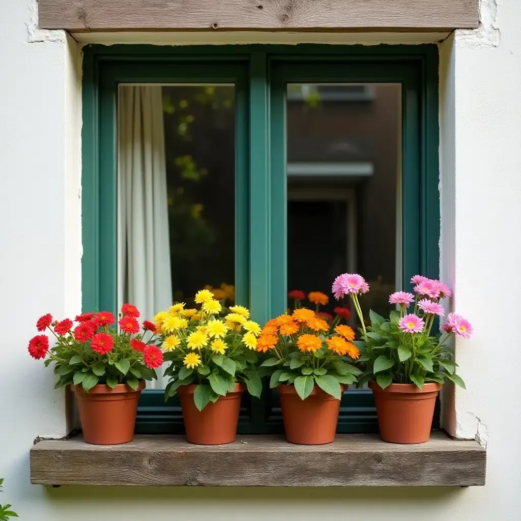 a photo of a basement window sill adorned with colorful flower pots