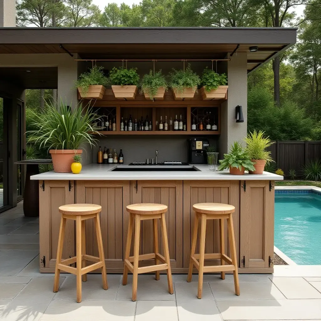 a photo of a stylish farmhouse poolside bar with wooden stools and fresh herb planters