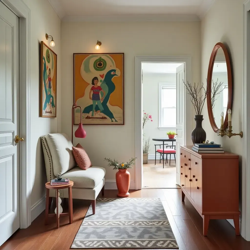 a photo of a whimsical foyer featuring playful art and unique furniture