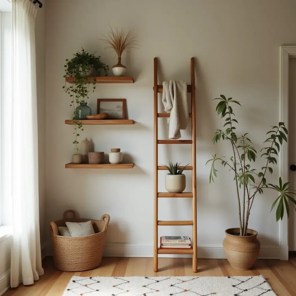 a photo of a quaint space with a wooden ladder shelf and knick-knacks