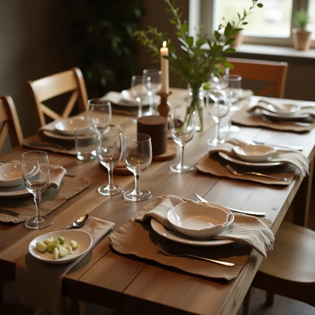 a photo of a rustic wooden table set for a family gathering