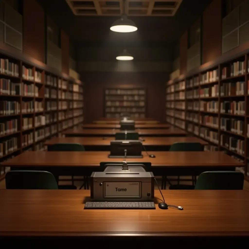 a photo of a library with wooden desks and soft lighting