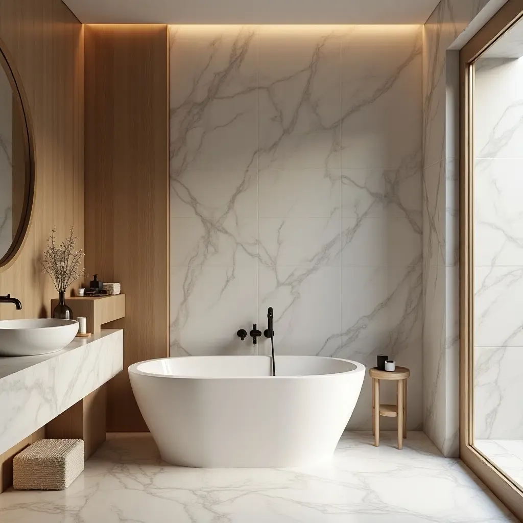 a photo of a cozy bathroom featuring marble and warm wood elements