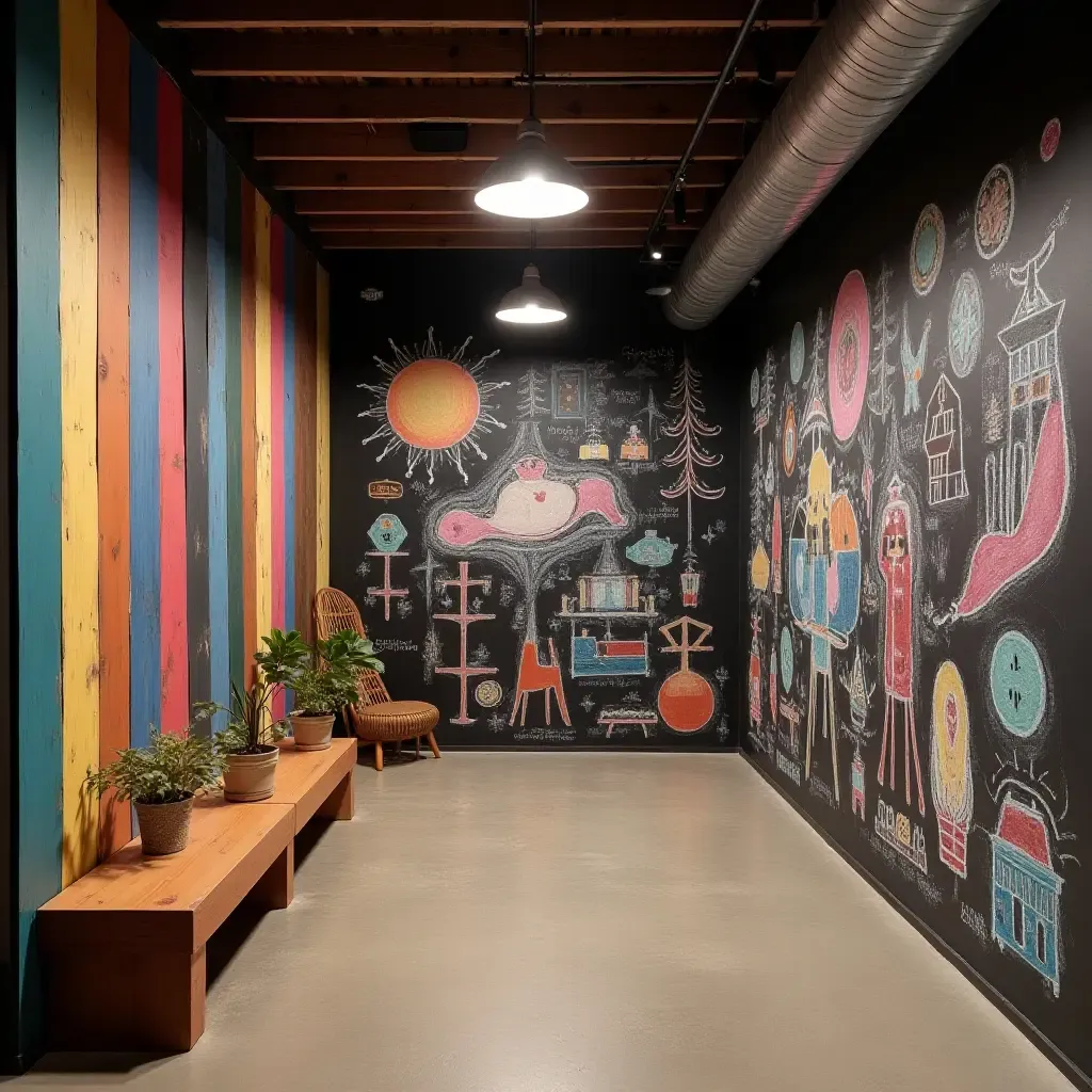 a photo of a basement with a fun and colorful chalk art wall