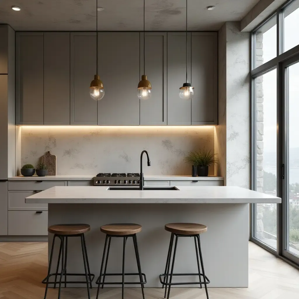 a photo of a sleek concrete backsplash giving an industrial vibe to a modern kitchen