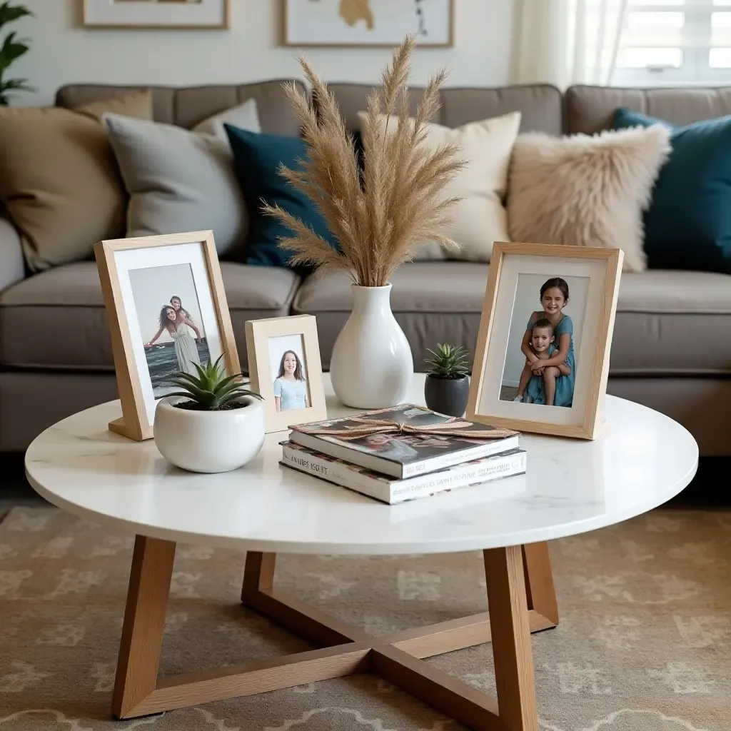 a photo of a creative coffee table display with DIY crafts and personal photos