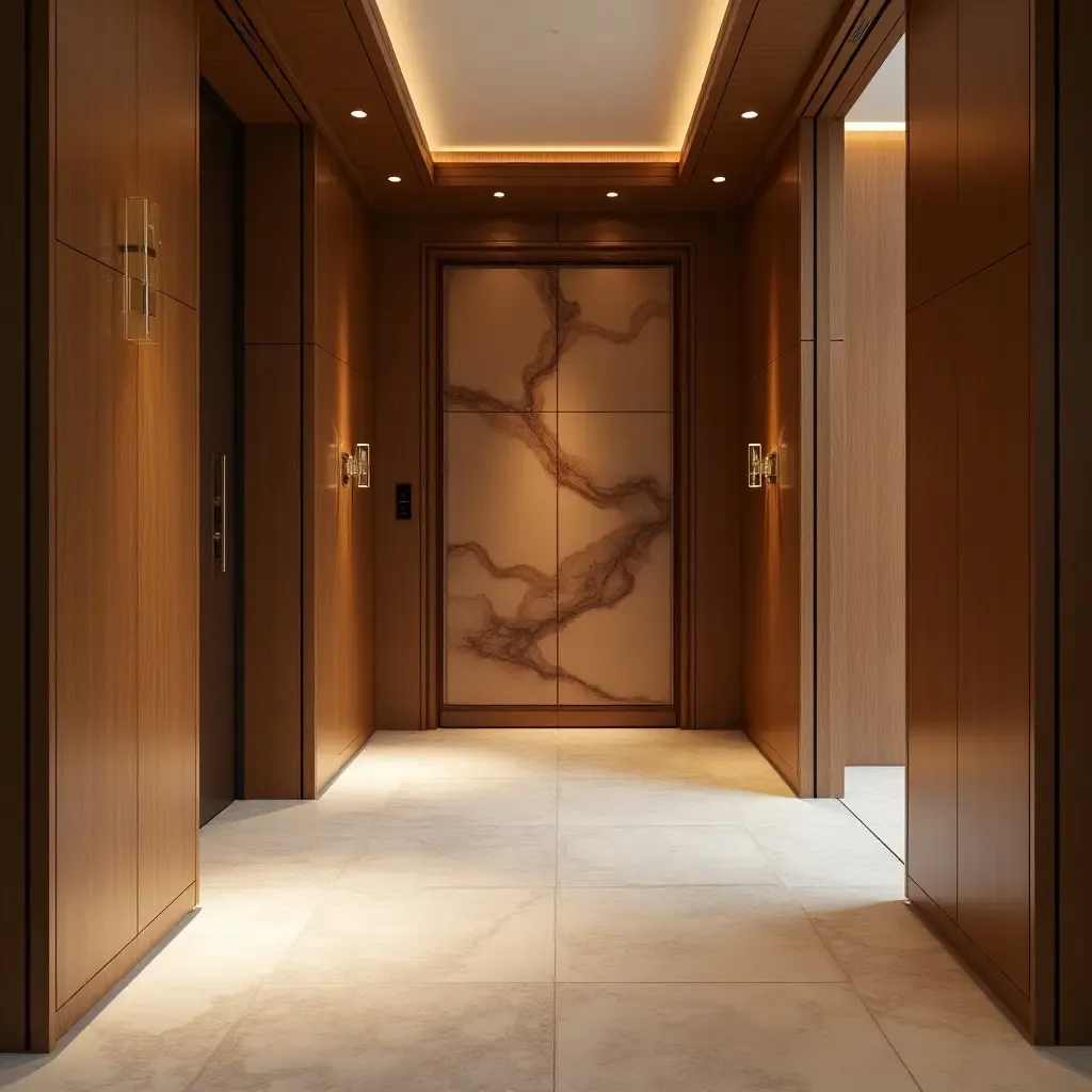 a photo of a sophisticated entrance hall with silk fabric, oak wood, and copper metal