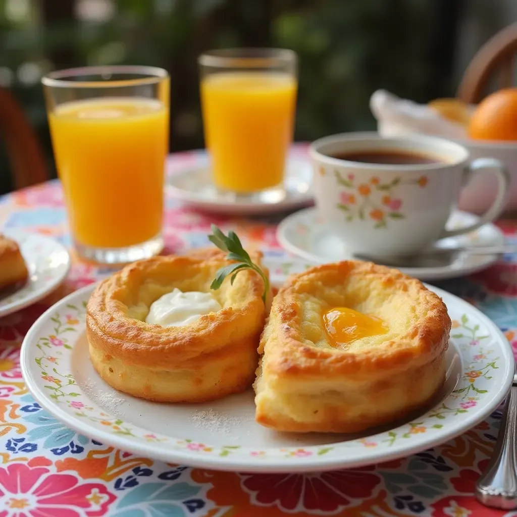 a photo of a colorful Portuguese breakfast table with pastel de nata and fresh orange juice.