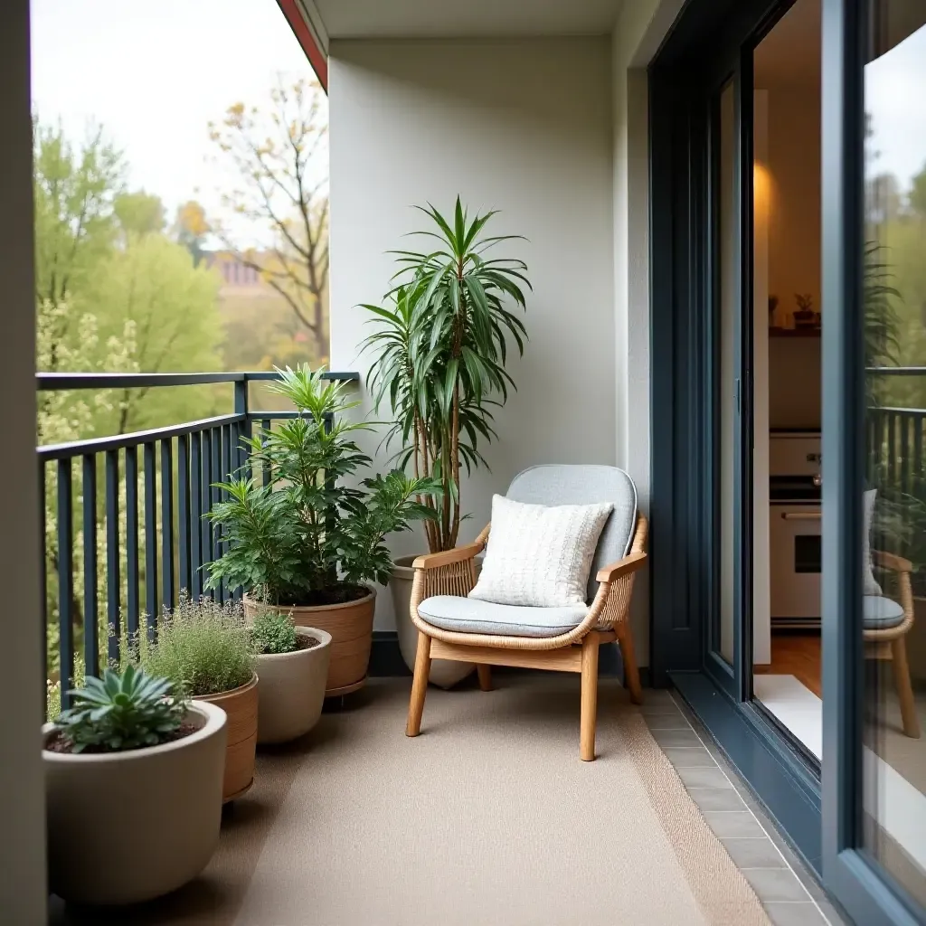 a photo of a balcony with Scandinavian-inspired planters and a cozy reading nook