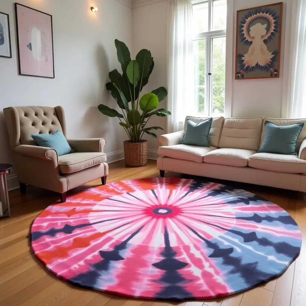 a photo of a vibrant tie-dye rug bringing a fun vibe