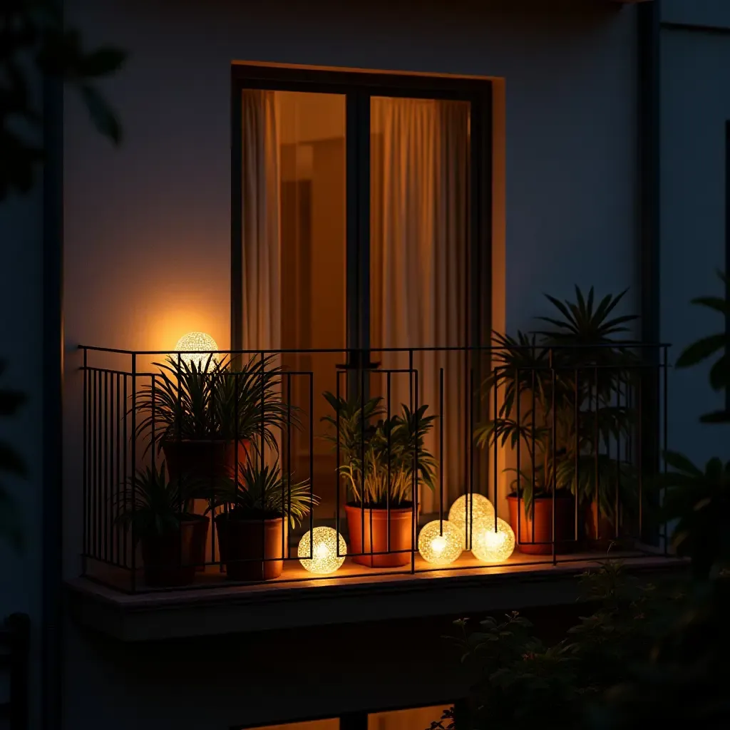 a photo of a balcony decorated with glowing orbs and plants