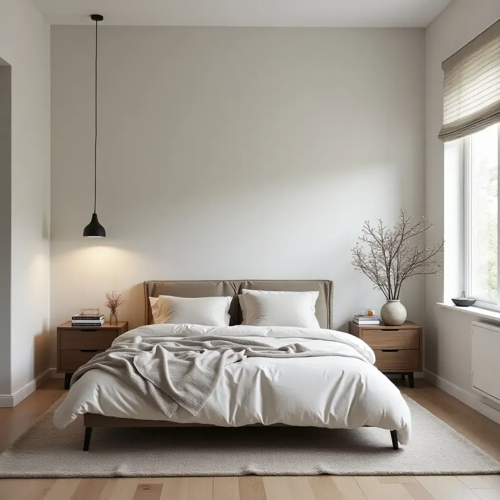 a photo of a Scandinavian bedroom with an emphasis on open space and airiness