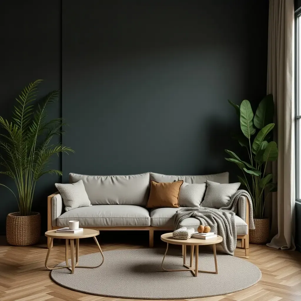 a photo of a dark grey living room with natural wood accents and lush greenery