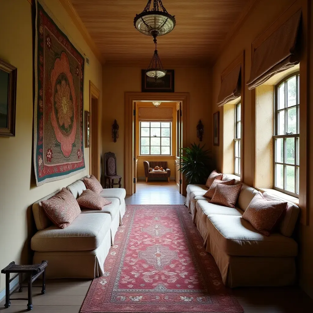 a photo of a cozy corridor with a tapestry and cushions