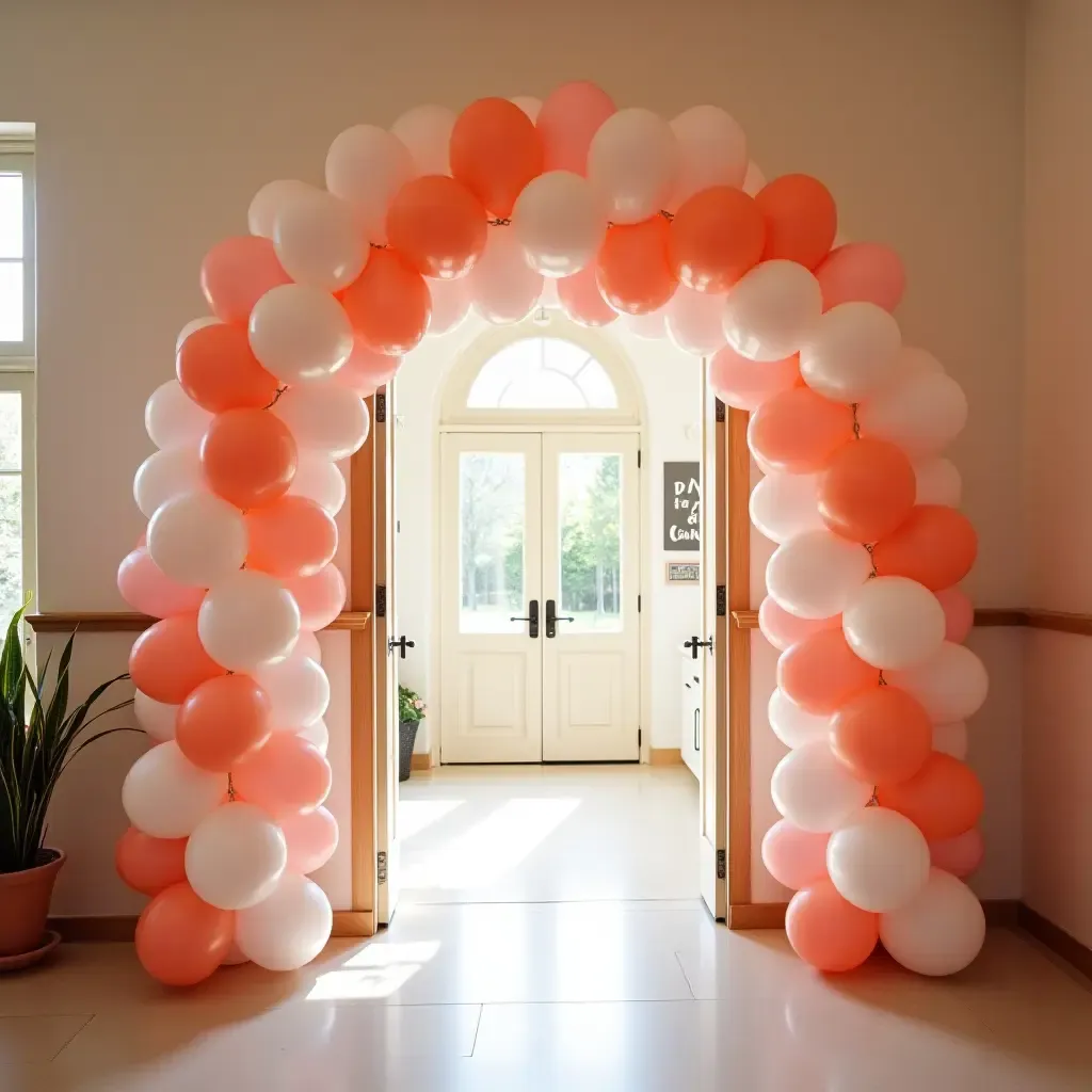 a photo of a bright entrance hall featuring a balloon arch and playful signage