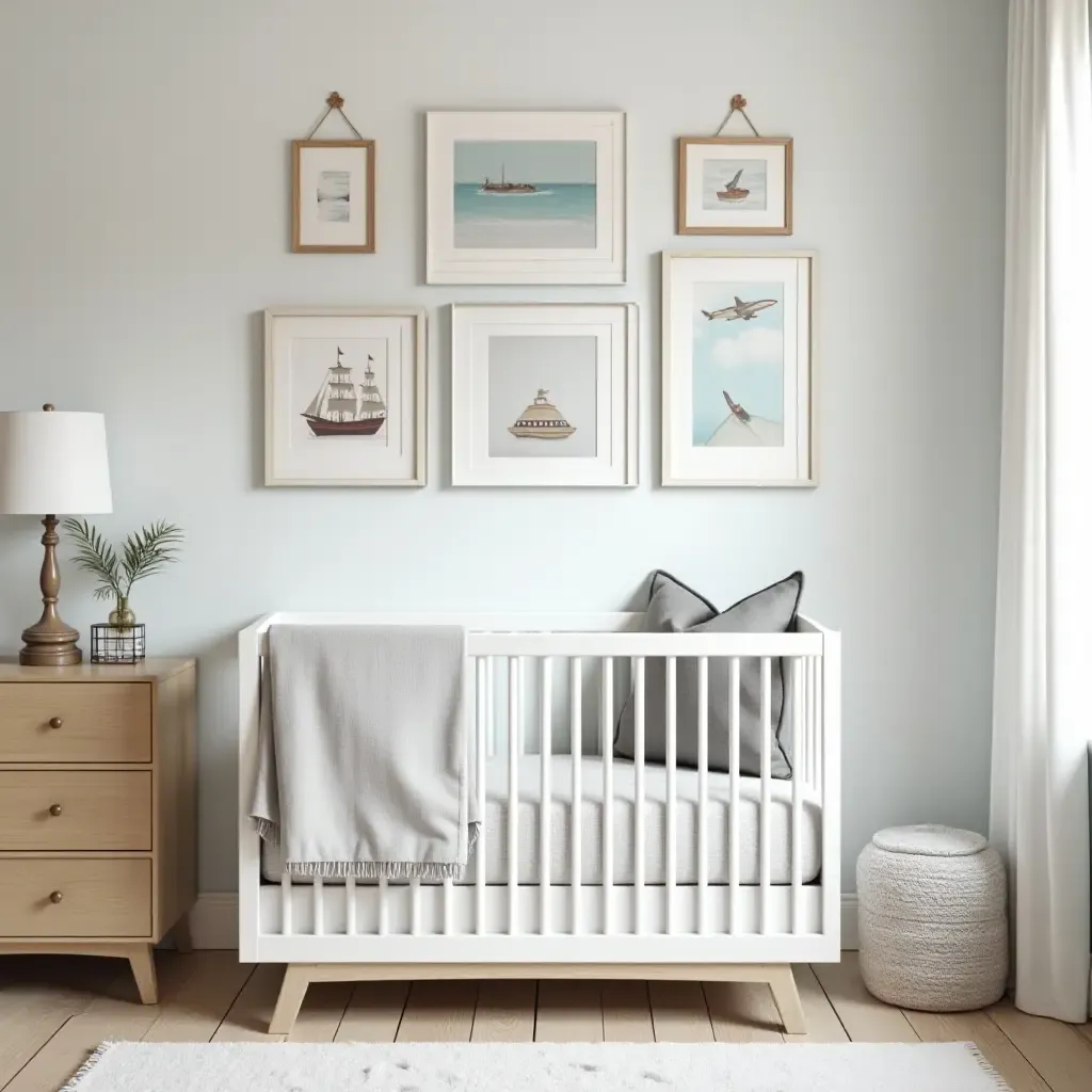 a photo of a nursery gallery wall with a nautical theme