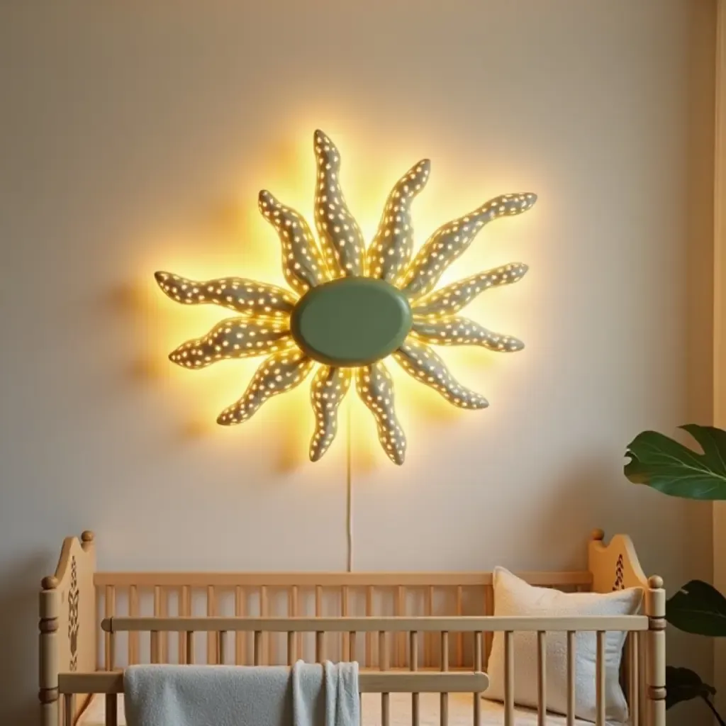 a photo of a nursery with a whimsical plant-themed light fixture