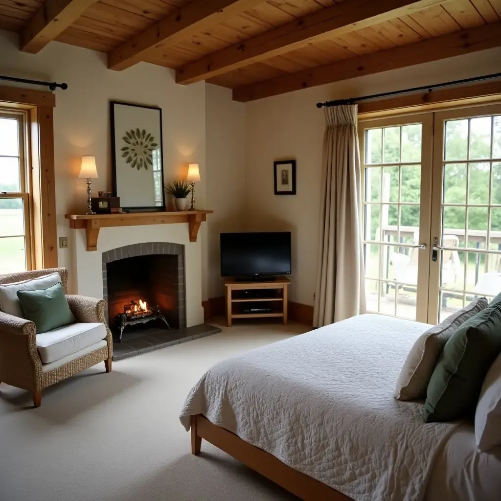 a photo of a cozy farmhouse bedroom with a fireplace and comfortable seating area