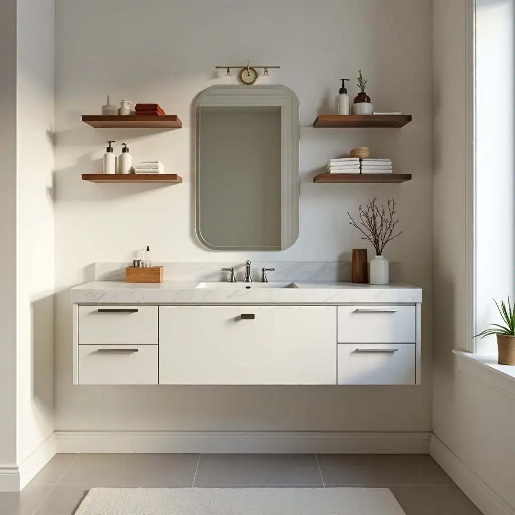 a photo of a small bathroom vanity cleverly utilizing vertical space and shelves