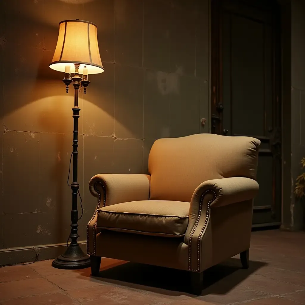 a photo of an old-fashioned armchair paired with a modern lamp in a basement