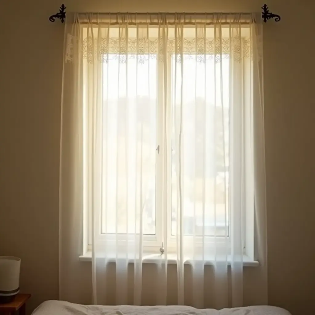 a photo of lace curtains softly filtering sunlight in a bedroom