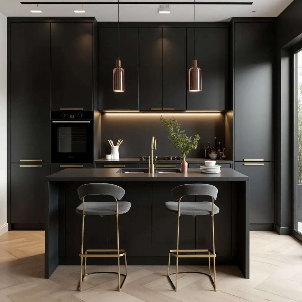 a photo of a sleek black kitchen island with gold accents and stylish stools