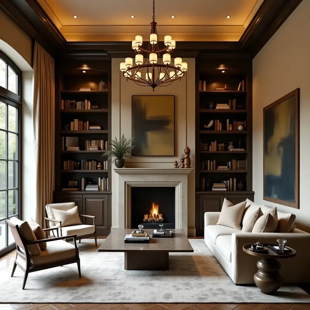 a photo of a home library with a Mediterranean-style chandelier and decor