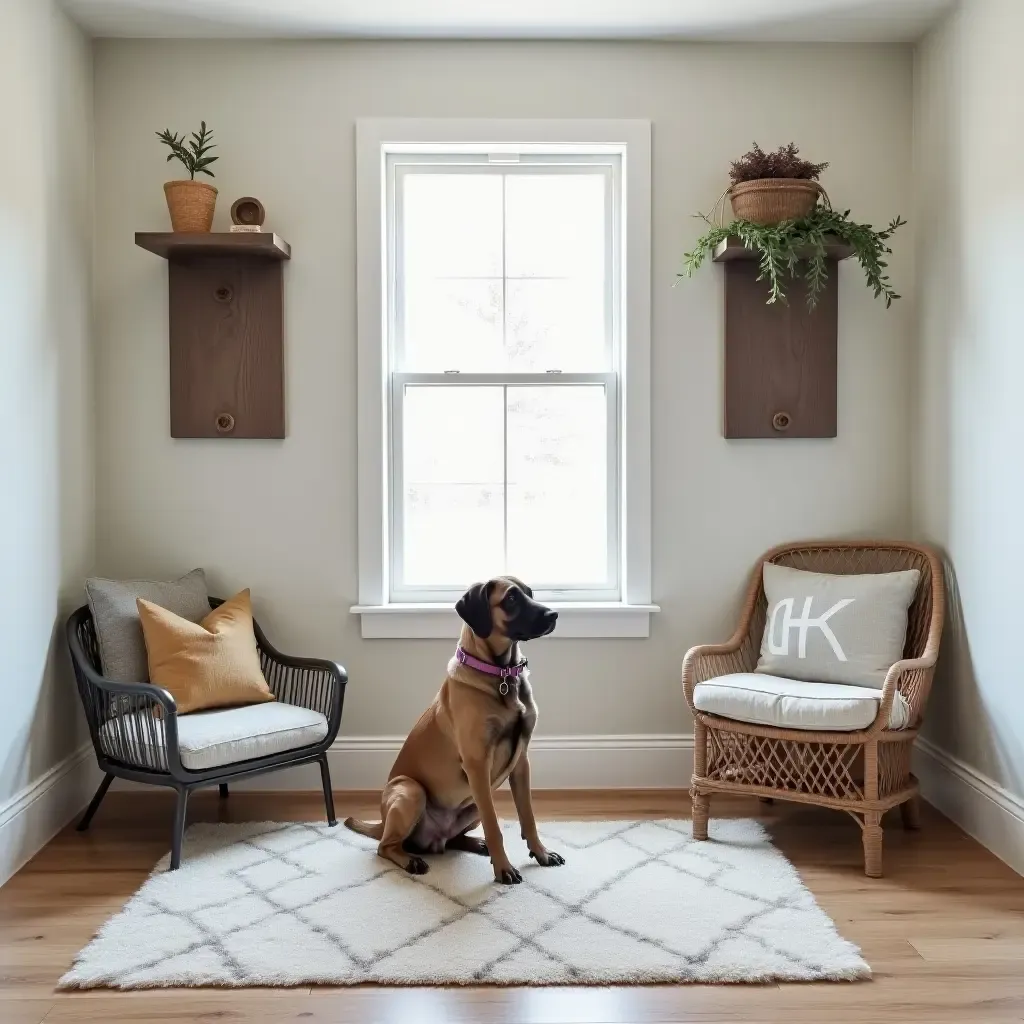 a photo of a basement pet area featuring farmhouse-themed pet furniture