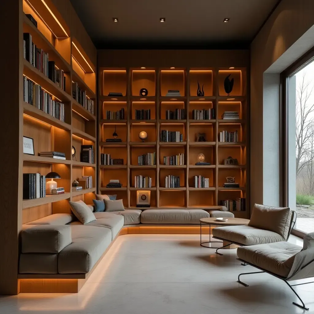 a photo of an artistic library with sculptural shelving designs