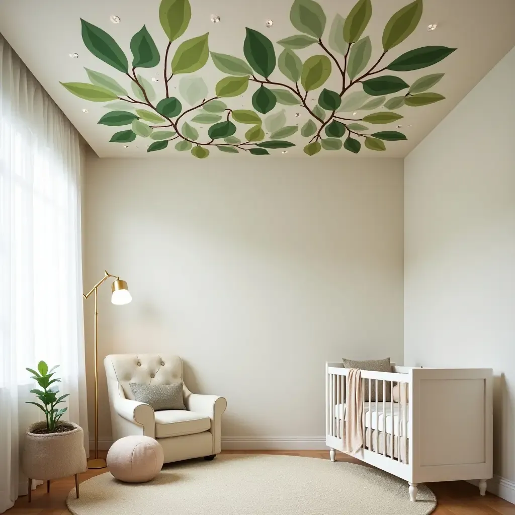 a photo of a nursery with a whimsical plant-themed ceiling design