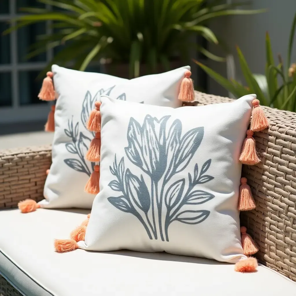 a photo of throw pillows with tassels adding flair to poolside furniture