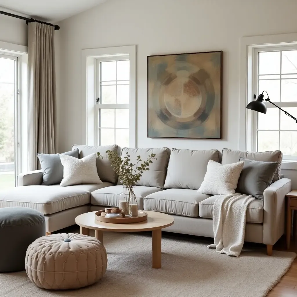 a photo of a farmhouse living room with a comfortable sectional and rustic decor