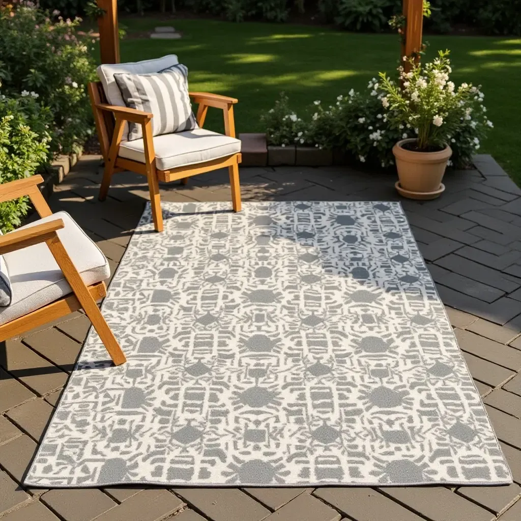 a photo of a stylish outdoor rug with a geometric pattern