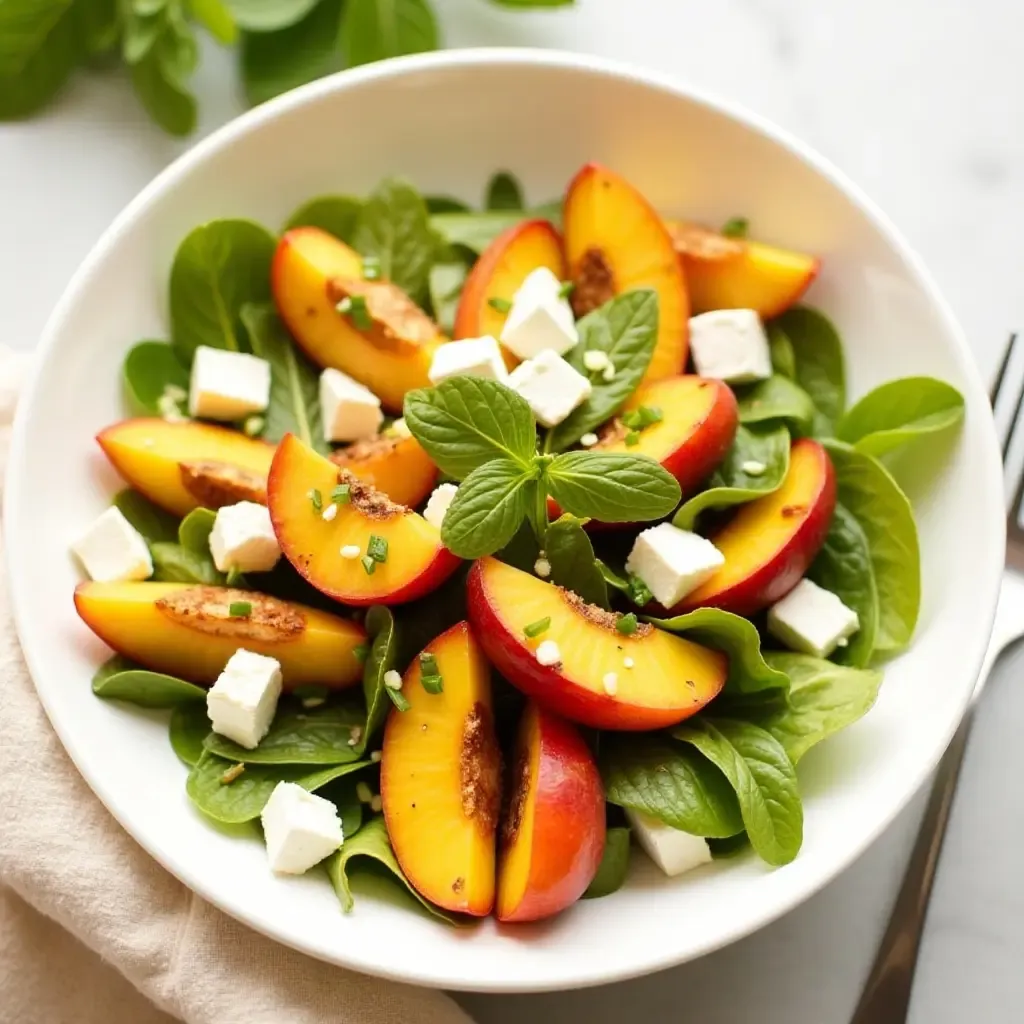 a photo of a Greek salad with grilled peaches, feta, and a honey-mint dressing.