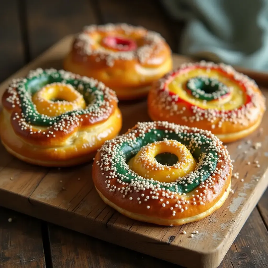 a photo of colorful Portuguese pastries with intricate designs on a rustic wooden table.