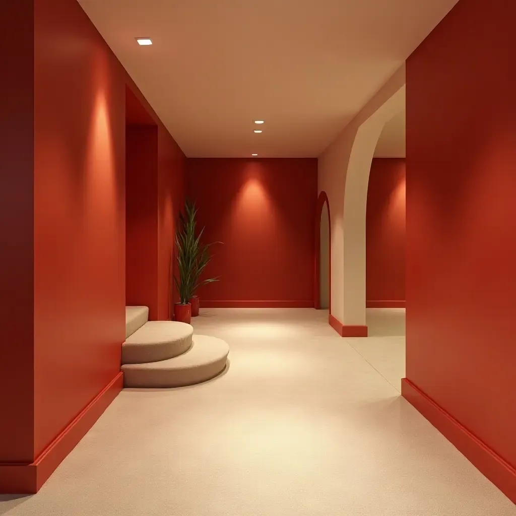 a photo of a basement featuring a bold mix of crimson and cream