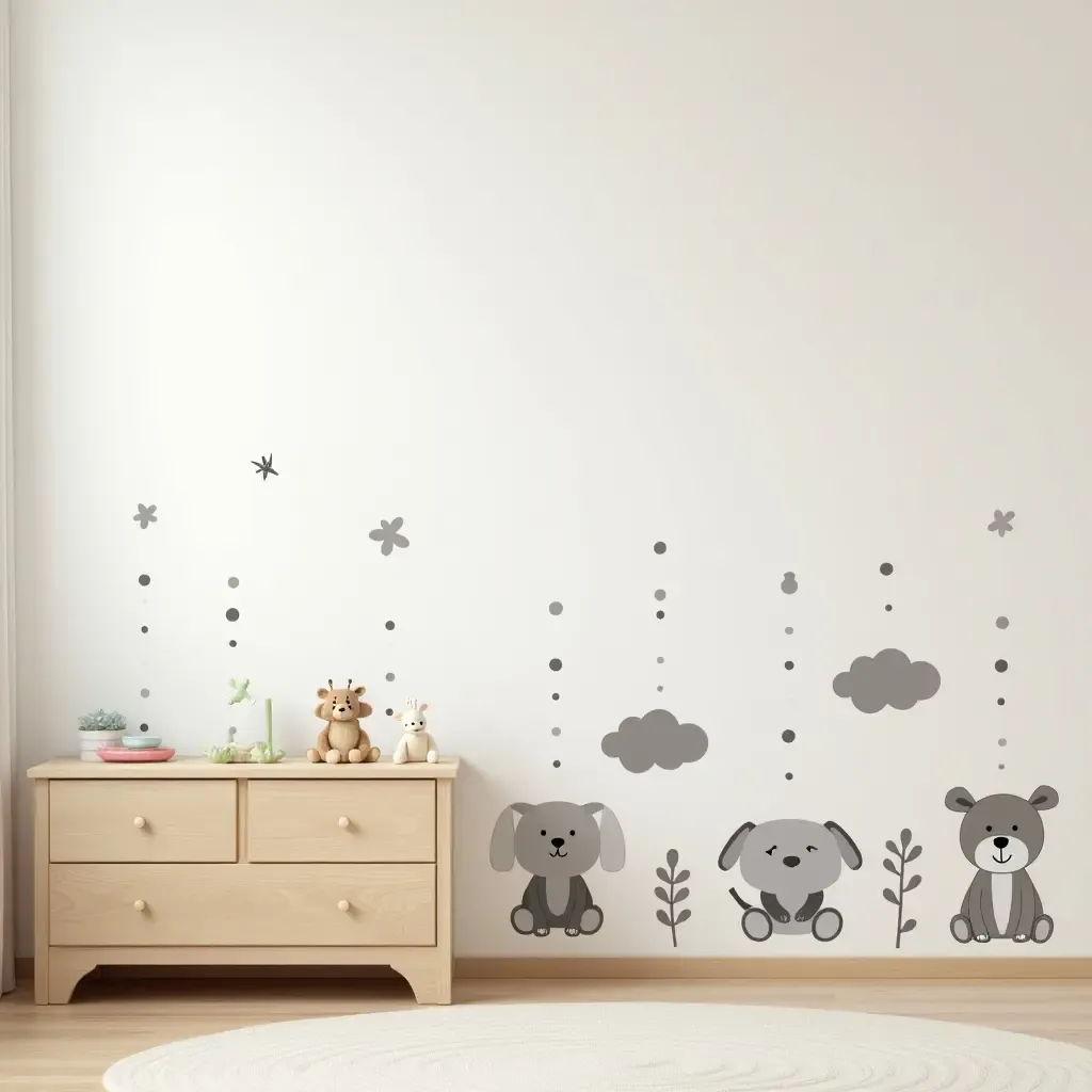 a photo of a nursery with a wooden toy chest and charming wall decals