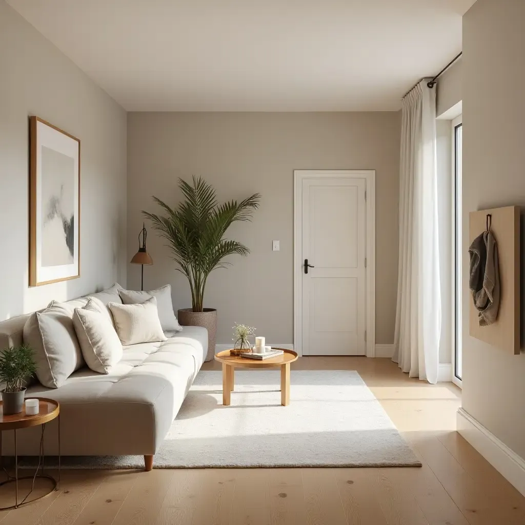 a photo of a serene basement retreat with light wood floors and soft textiles