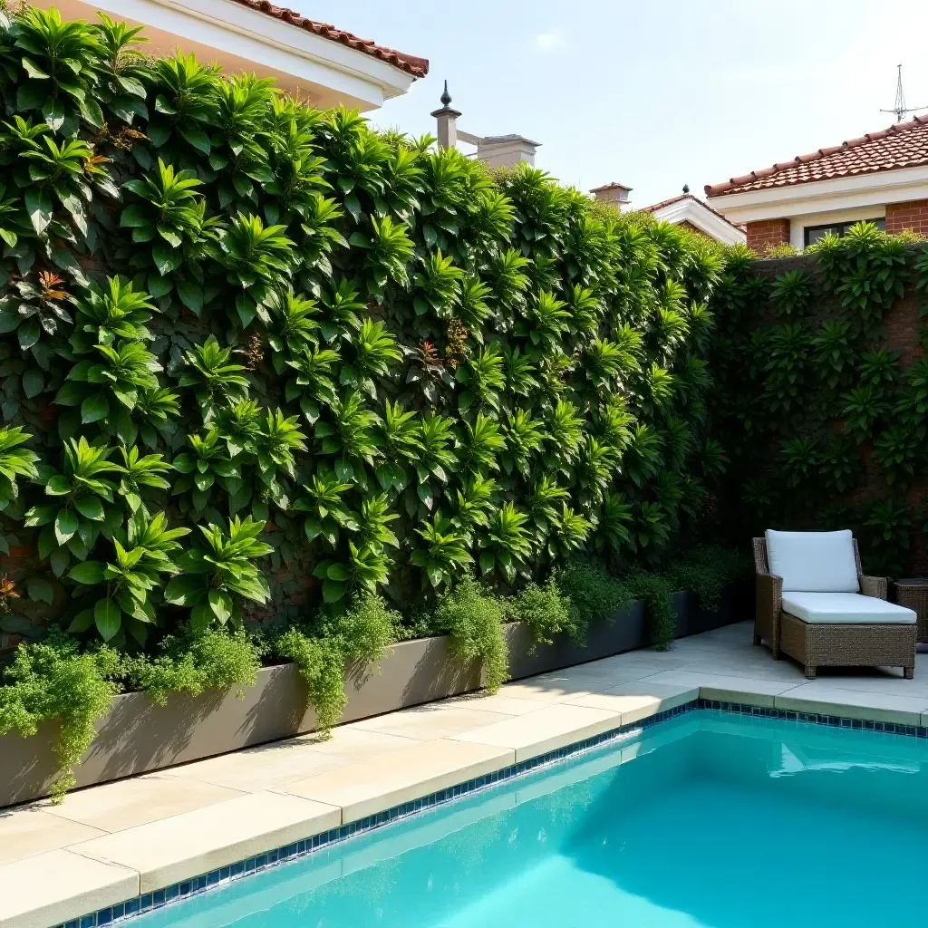 a photo of a vibrant vertical garden wall by a pool