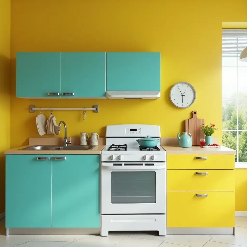 a photo of a vibrant yellow and teal kitchen with modern appliances