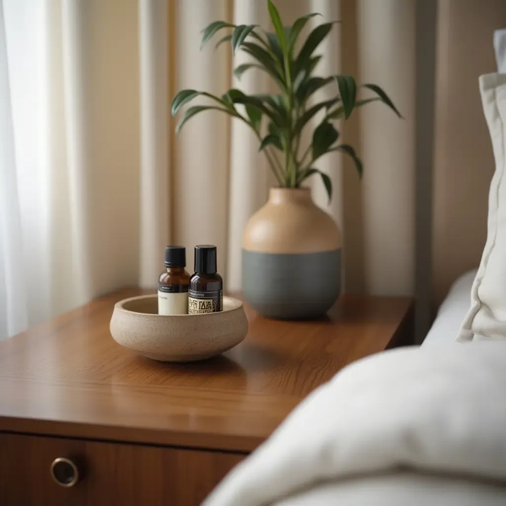 a photo of a nightstand displaying a decorative bowl and essential oils