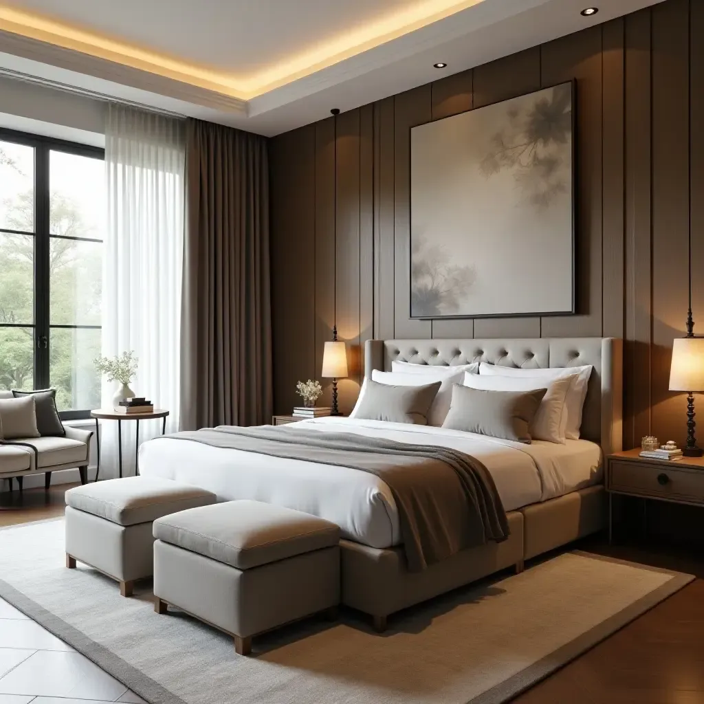 a photo of a luxurious bedroom with stylish storage ottomans