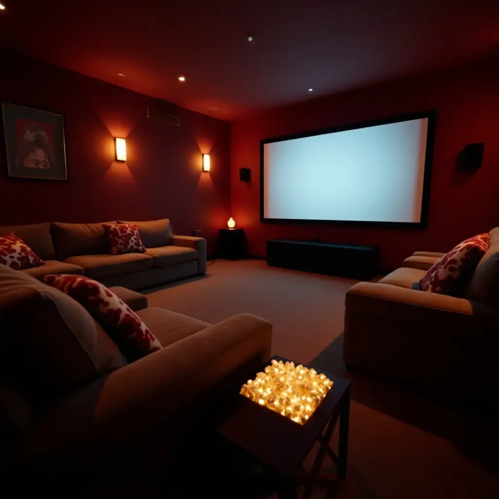 a photo of a cozy basement movie night setup with blankets and popcorn