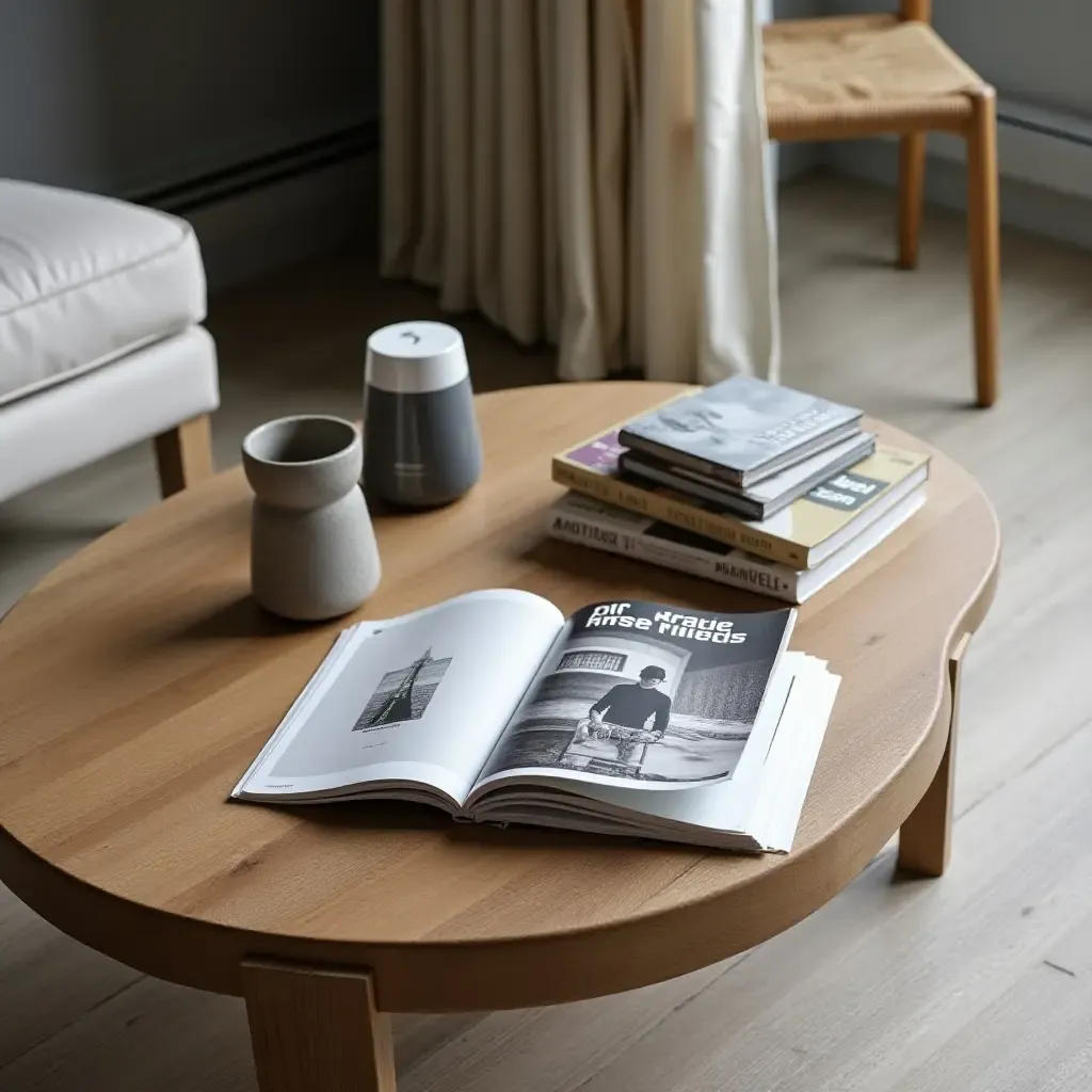 a photo of a coffee station with a stylish coffee table and magazines