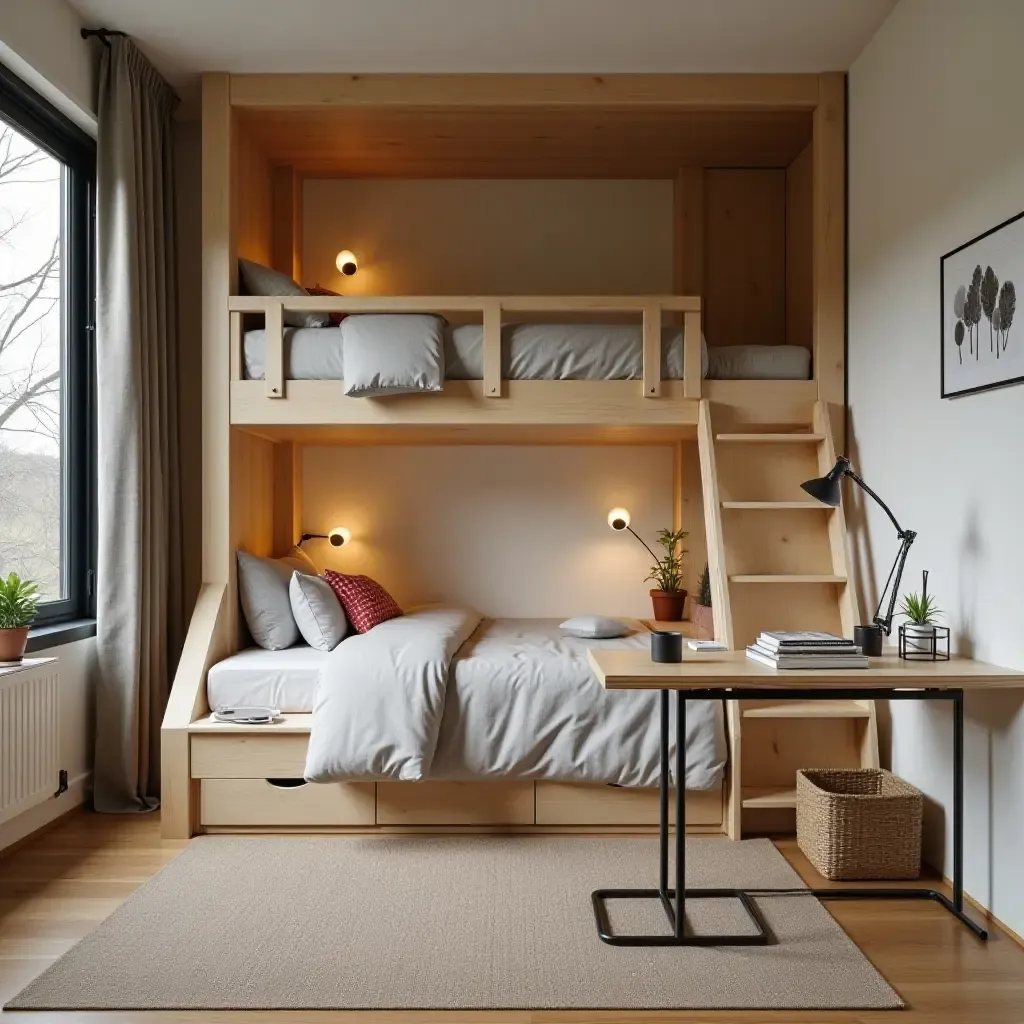 a photo of a shared bedroom with a unique loft bed design and a cozy workspace