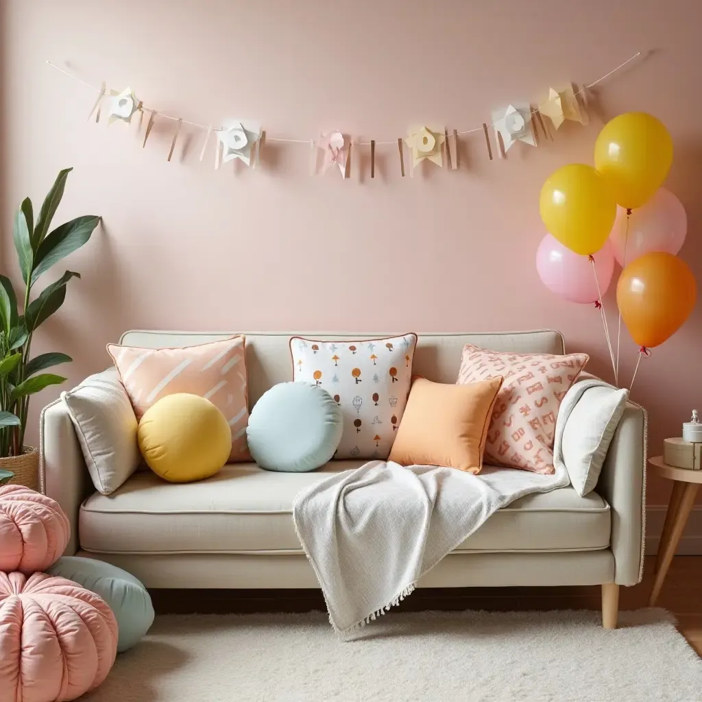 a photo of throw pillows arranged for a themed birthday party