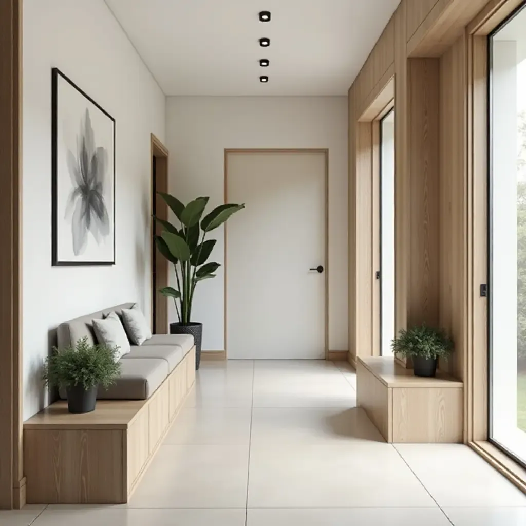 a photo of a minimalist corridor with a hidden storage bench and plants