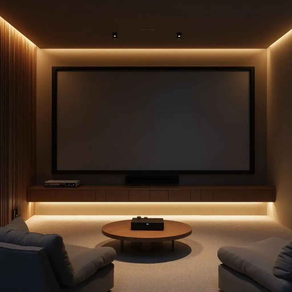 a photo of a minimalist basement entertainment area with a projector